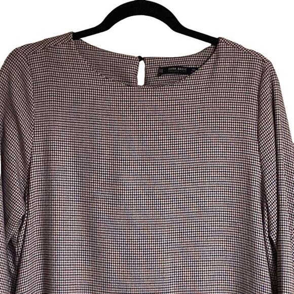 114. Zara Basic MIni Shift Dress Medium Houndstooth Ruffled 3/4 Sleeves Boho - Picture 3 of 9
